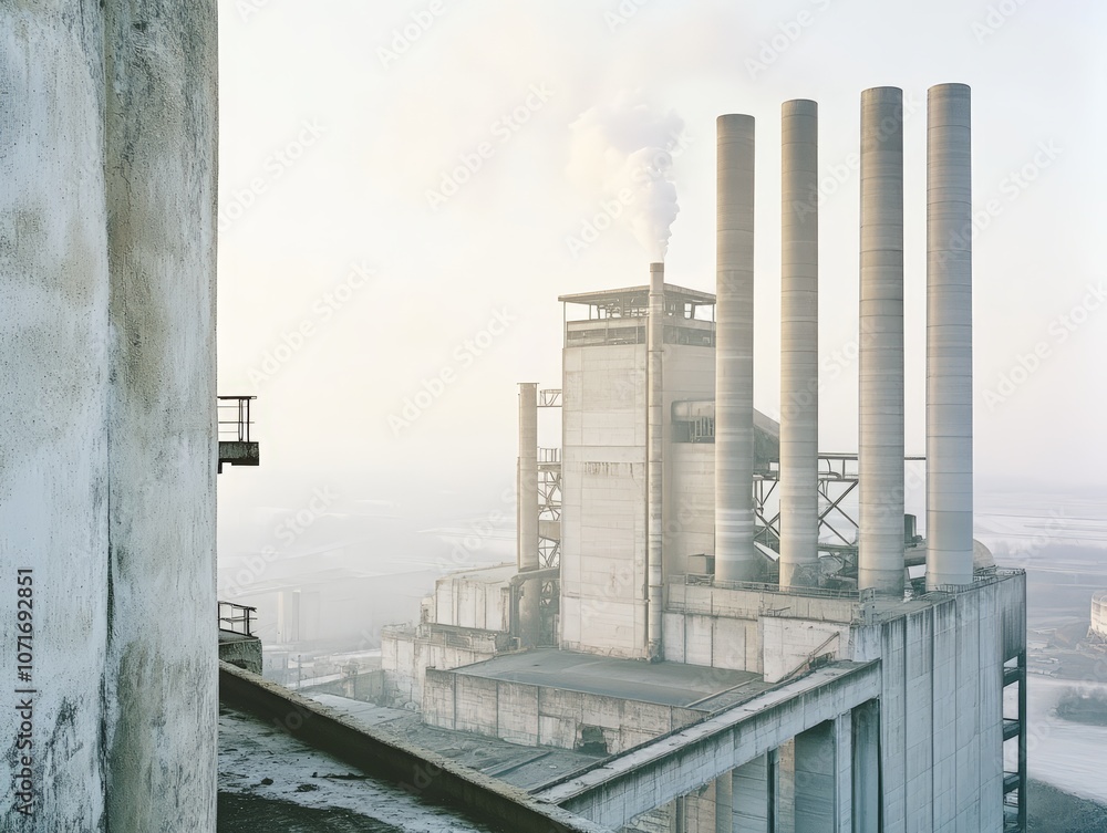 Obraz premium Industrial Complex with Four Tall Chimneys Emitting Smoke Against a Clear Sky