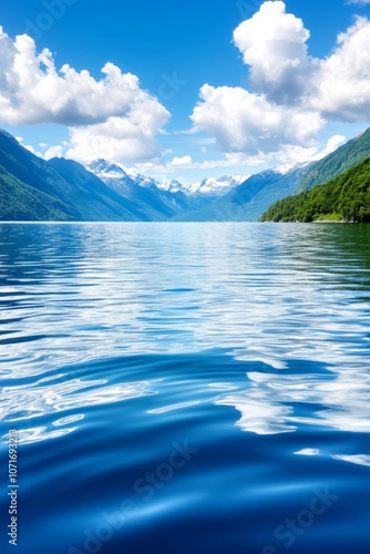 A large body of water with mountains in the background