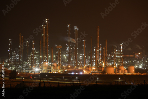 Sasol petrochemical refinery in Secunda, South Africa, at night while the flares burn brightly