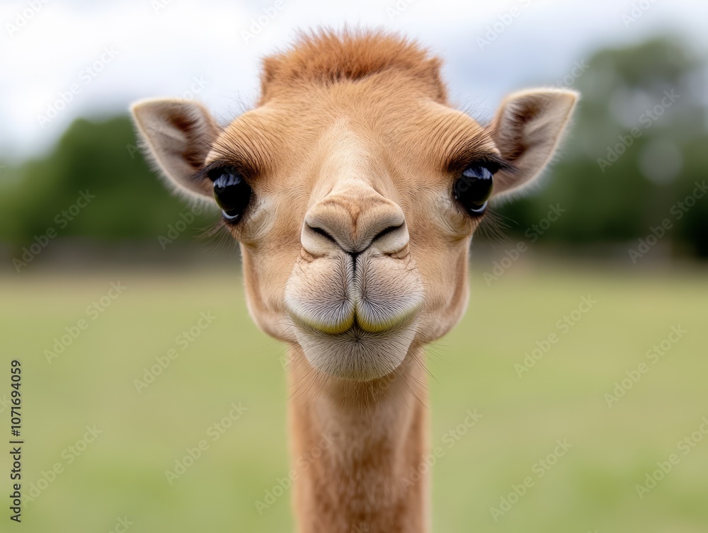 Fototapeta premium A close up of a giraffe's face in a field