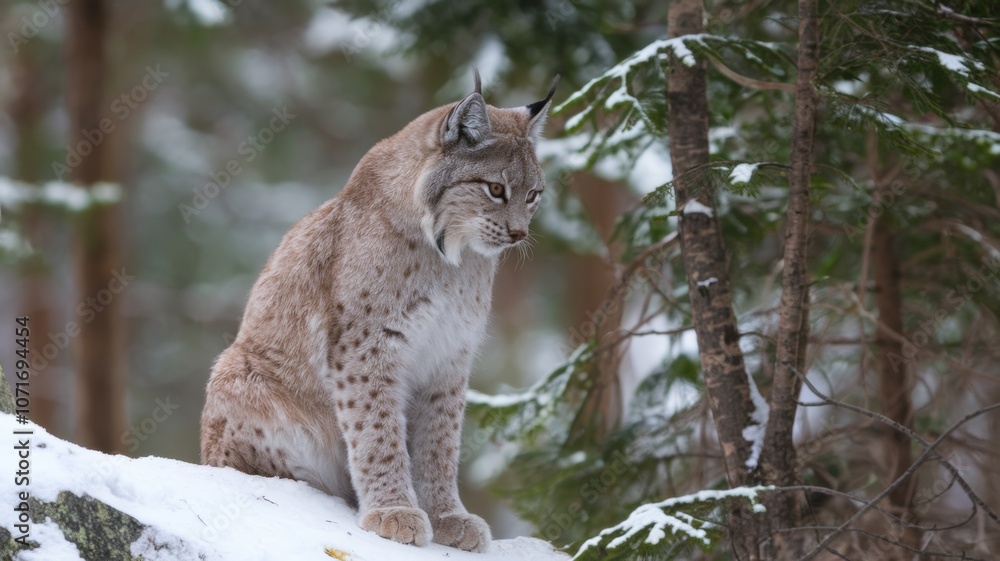Obraz premium Lynx in the boreal forest. A lynx sits on a rocky ledge and looks down. There is a dense canopy in the forest, the trees are covered with snow.