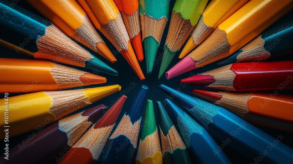 Naklejka premium Colorful pencils circle close-up top view.