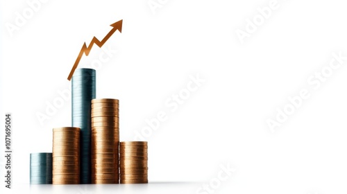 Stacks of coins stand tall next to an upward-pointing graph on a white background, visually illustrating financial growth and economic progress in simple terms. photo