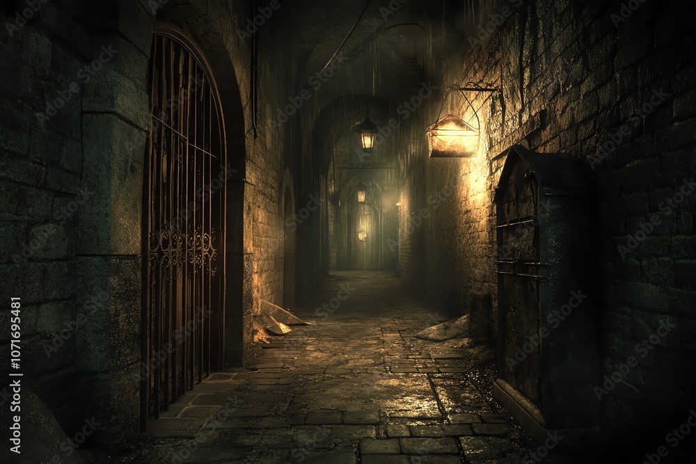 Obraz premium Mysterious dungeon corridor with dim lighting.