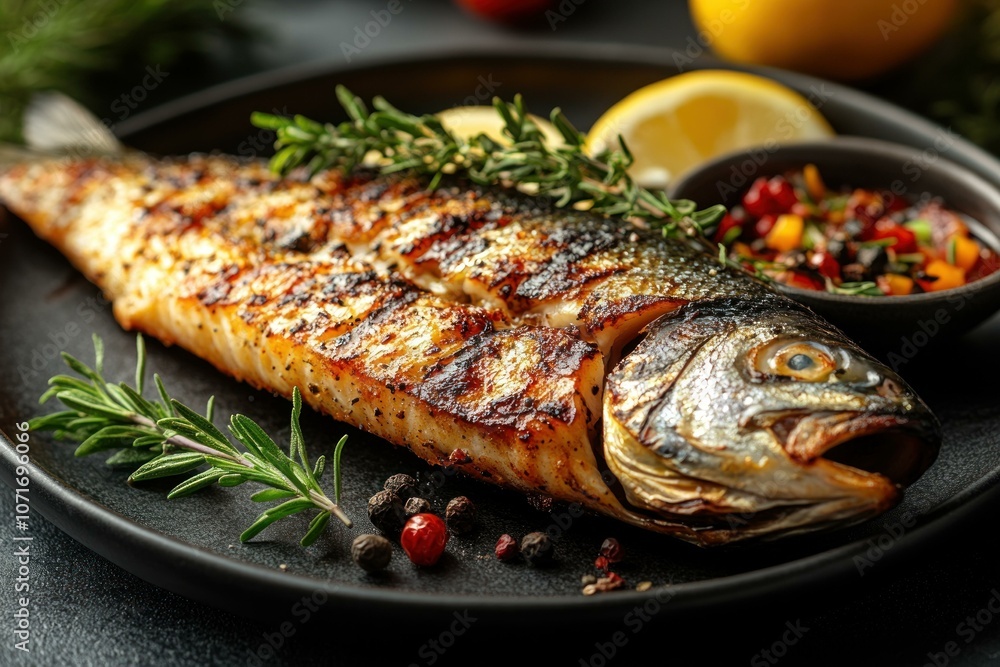 A 45 Angle shot of whole grilled fish with her A 45 Angle shot of whole grilled fish with her