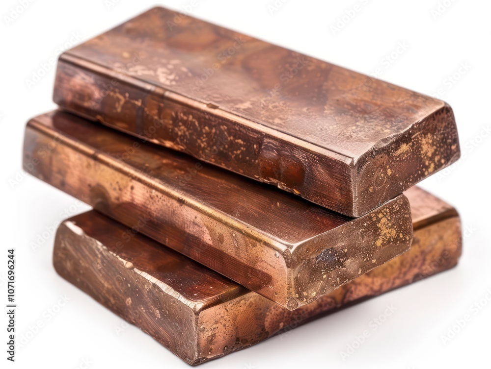 Stack of polished copper bars isolated on white background, smooth surfaces with slight tarnish Stack of polished copper bars isolated on white background, smooth surfaces with slight tarnish