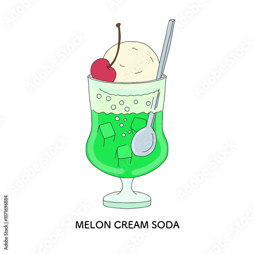 昭和レトロなメロンクリームソーダ　手描きのイラスト