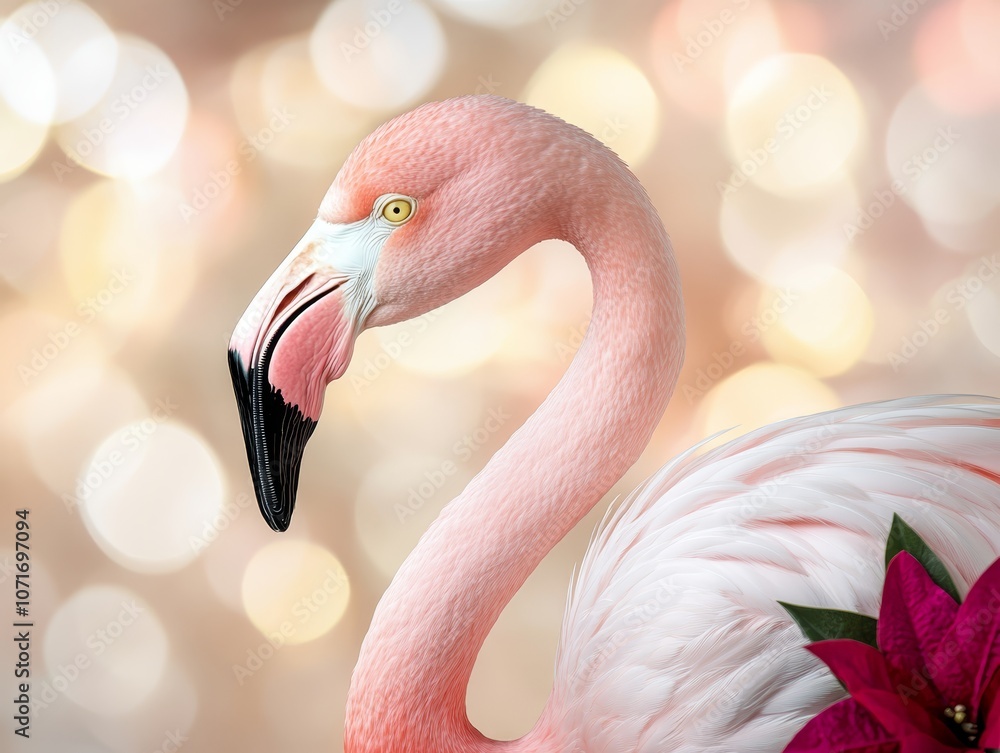 Naklejka premium A pink flamingo with a red flower in its beak