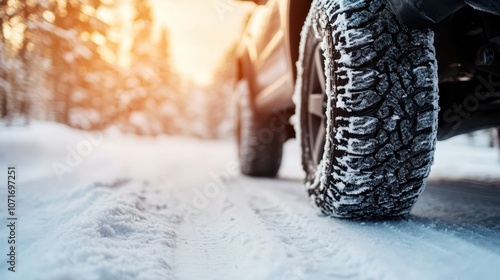 A vehicle's tire is shown driving through a snowy landscape with a beautiful sunrise, highlighting winter conditions and travel during the cold season. photo