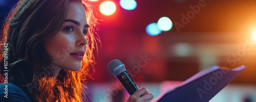 A woman speaks into a microphone while holding notes, illuminated by colorful lights, suggesting a dynamic performance or speaking engagement.