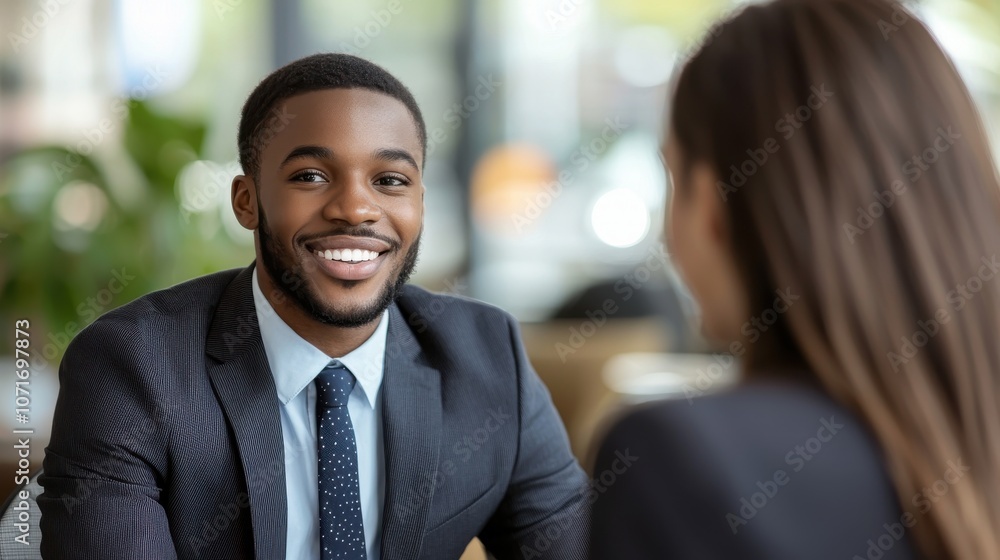 A professional man smiles warmly during an engaging conversation with a woman in a stylish setting. A professional man smiles warmly during an engaging conversation with a woman in a stylish setting.