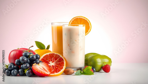 Tasty fruits  and juice with vitamins on background highlighted by white, png photo