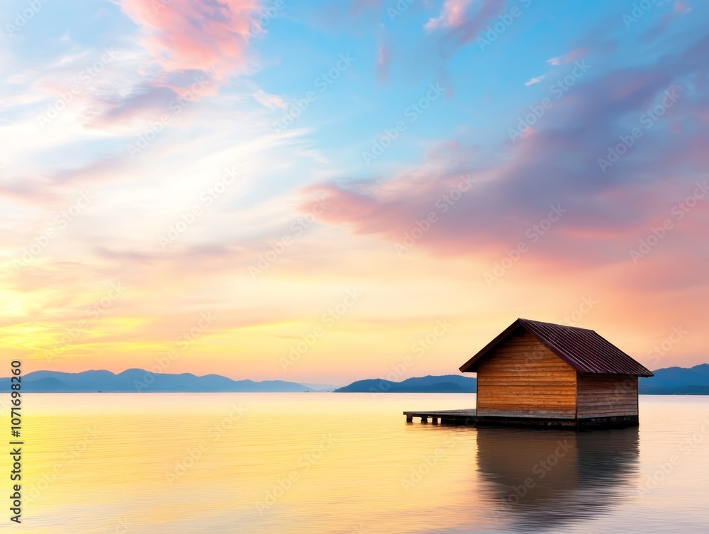 A small wooden house sitting on top of a body of water A small wooden house sitting on top of a body of water