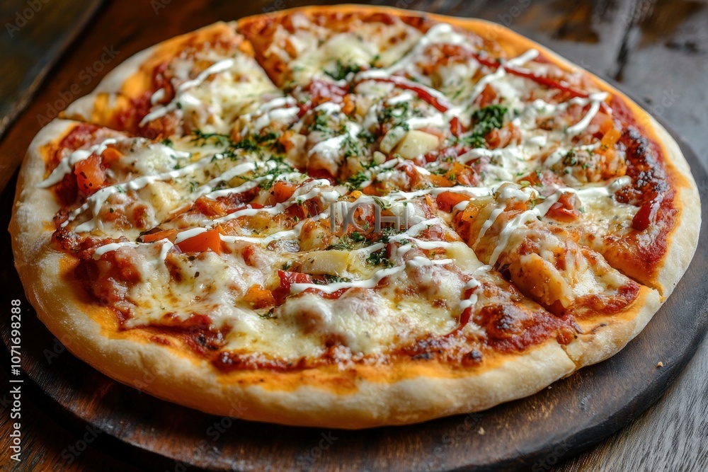 A delicious pizza with various toppings and me A delicious pizza with various toppings and me