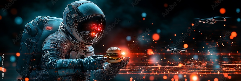 Fototapeta premium wide banner, half of it of spaceman eating a hamburger, second part of drones flying thru cyberspace, blended