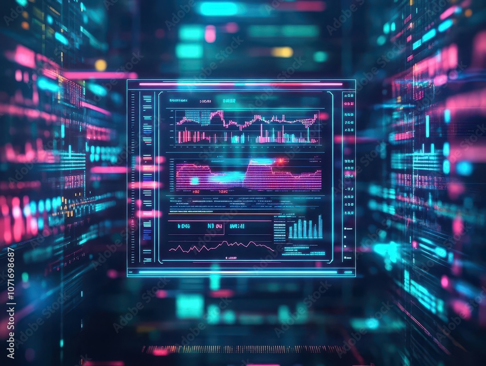 Obraz premium Investor dashboard in abyss, hologram data charts, futuristic financial analysis