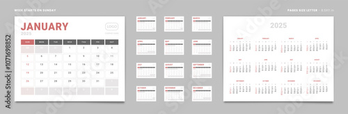 Set of 12 Pages Monthly Calendar Planner Templates and annual. Vector layout of a wall or desktop calendar with the week starting on Sunday ready for printing. Page size Letter -8.5x11