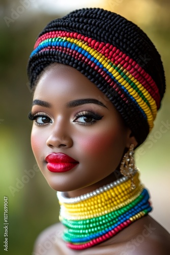 A woman wearing a colorful head wrap and a necklace