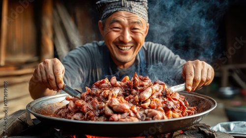 A chef, smiling widely, is seen enthusiastically preparing meat in an outdoor setting, using a large traditional pan, exemplifying culinary passion and cultural cooking practices. photo