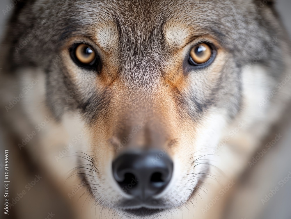 A close up of a wolf's face with brown eyes A close up of a wolf's face with brown eyes