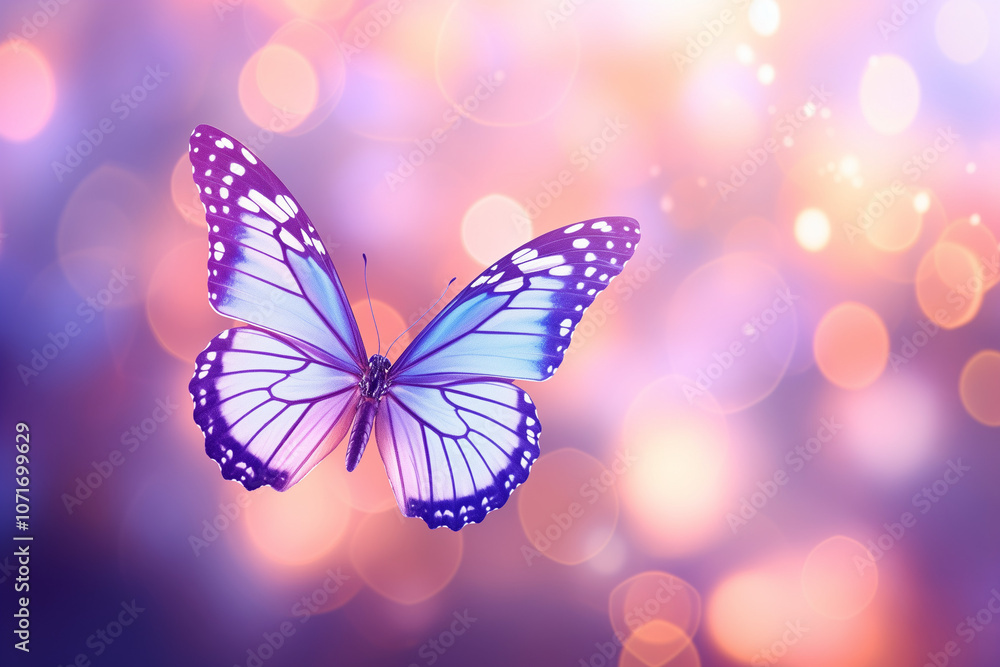 Vibrant butterfly in flight against colorful bokeh background Vibrant butterfly in flight against colorful bokeh background