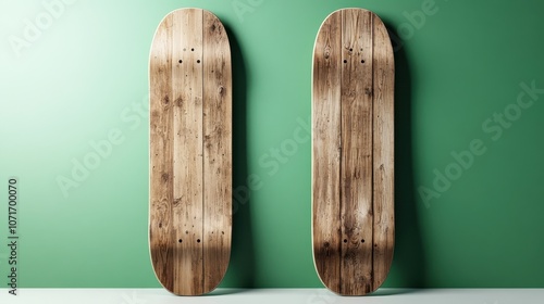 Two wooden skateboard decks are placed side by side against a green background, showcasing the natural wood grain and design that appeals to minimalist aesthetics. photo