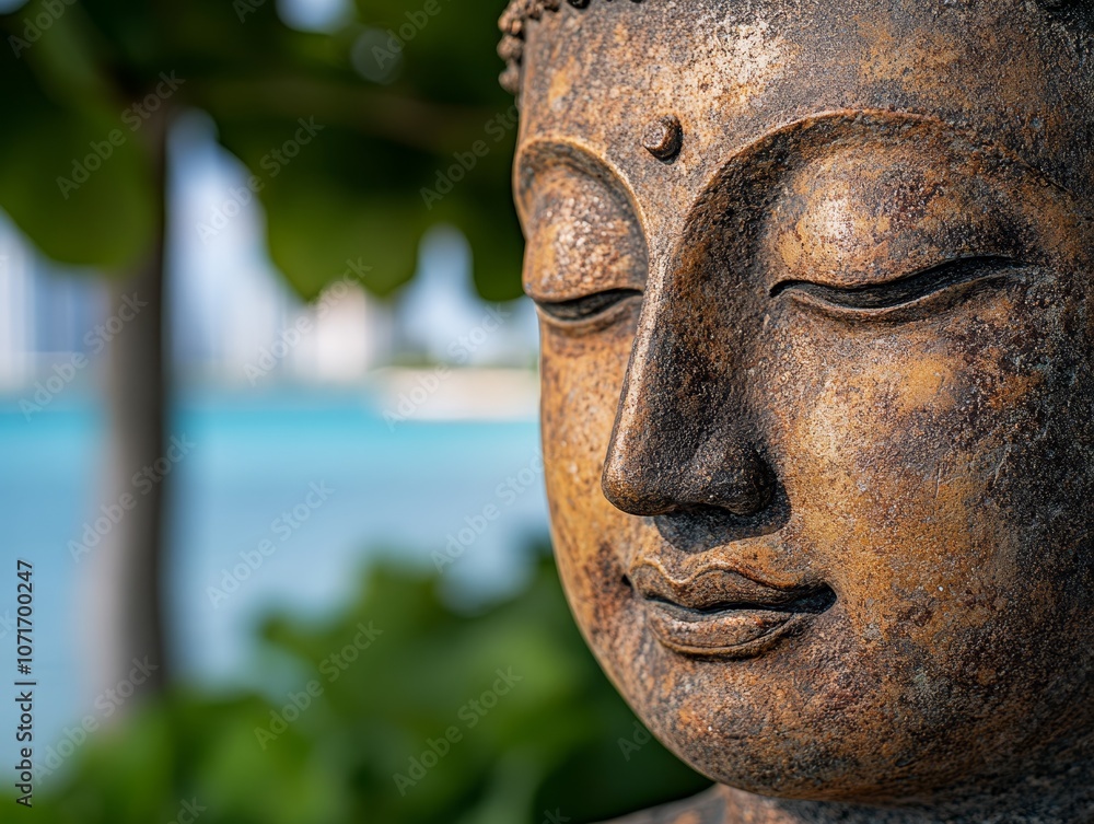 A close up of a statue of a buddha with a pool in the background A close up of a statue of a buddha with a pool in the background
