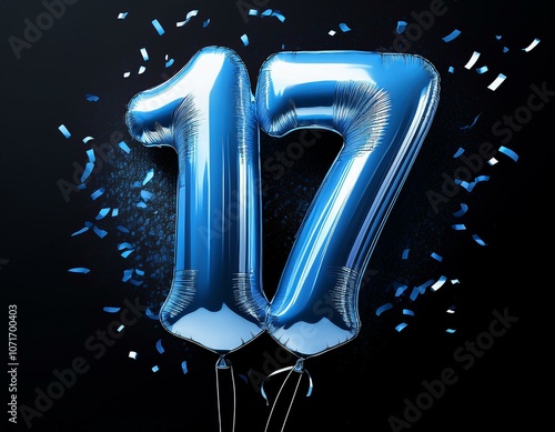 Blue birthday / anniversary balloon, number 17, black background with confetti