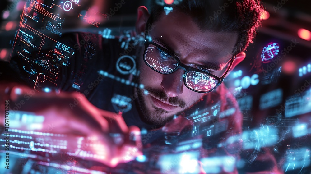 Close-up of a man working with AI-powered tools, surrounded by floating holographic data icons Close-up of a man working with AI-powered tools, surrounded by floating holographic data icons