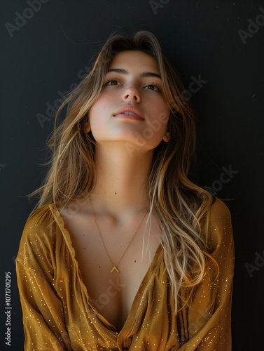 Golden Hour Portrait of Woman with Soft Light, Subtle Elegance