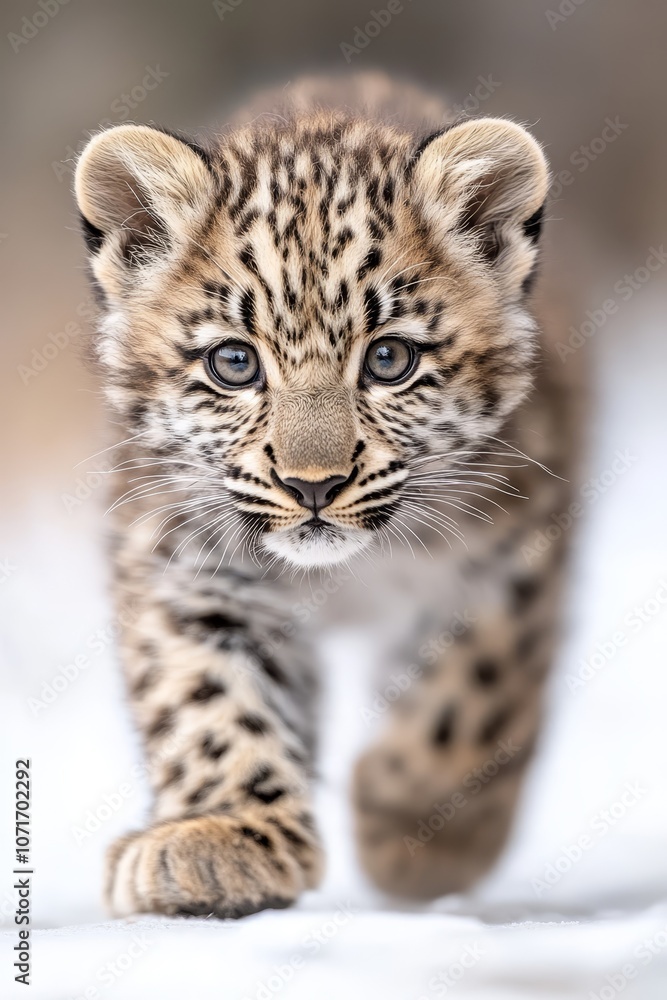 Fototapeta premium A small leopard cub walking in the snow