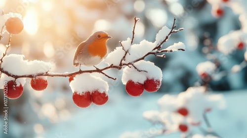 A vibrant robin with a rich red breast is perched on a branch blanketed in snow, surrounded by large red fruits, reflecting the peacefulness of wintertime. photo