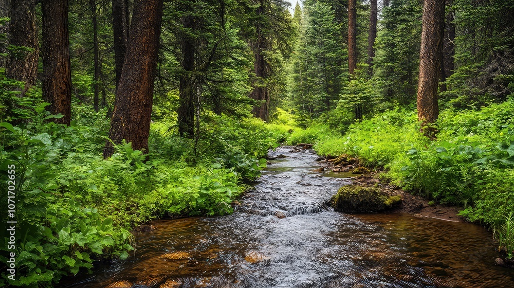 A dense forest with a small, sparkling creek running through it, providing essential hydration to the trees and plants. A dense forest with a small, sparkling creek running through it, providing essential hydration to the trees and plants.