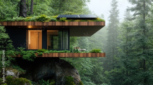 An innovative eco-friendly house in a forest on a wooden platform, equipped with solar panels, embodying sustainable living, modernity and harmonious nature. photo