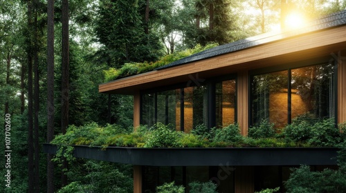 A beautiful modern eco-home with lush plant-covered rooftop and solar panels, set harmoniously within the forest, representing sustainability and innovative living. photo