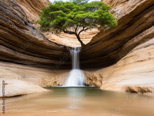 A lone tree in the middle of a canyon with a waterfall photo