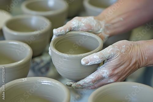 Close-up of hands holding a freshly crafted clay bowl, showcasing pottery craftsmanship, handmade ceramics, and traditional clay art for creative inspiration and artistic techniques

 photo