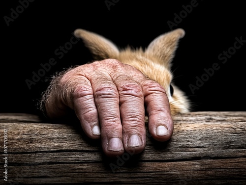  A close up of a person's hand resting on a wooden fence