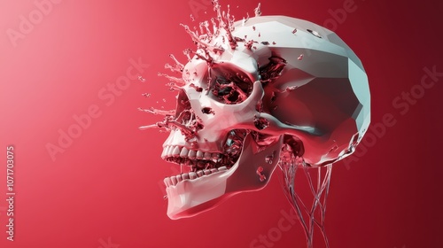 An abstract portrayal of a skull combined with geometric elements that appear in motion, creating a fusion of organic and digital styles in vivid colors. photo