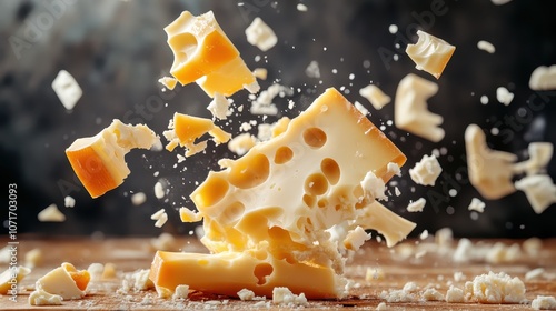 This captivating image shows cheese chunks and crumbles dynamically exploding in mid-air, each piece capturing the delightful essence of chaos and culinary creativity. photo