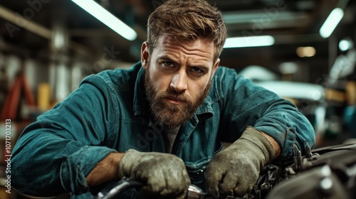 A focused mechanic in a denim shirt and gloves fixes a car engine in a garage setting, emphasizing diligence and hands-on expertise in automotive repairs. photo