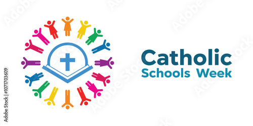 Catholic Schools Week. Peoples, cross, book and more. Great for cards, banners, posters, social media and more. White background. 