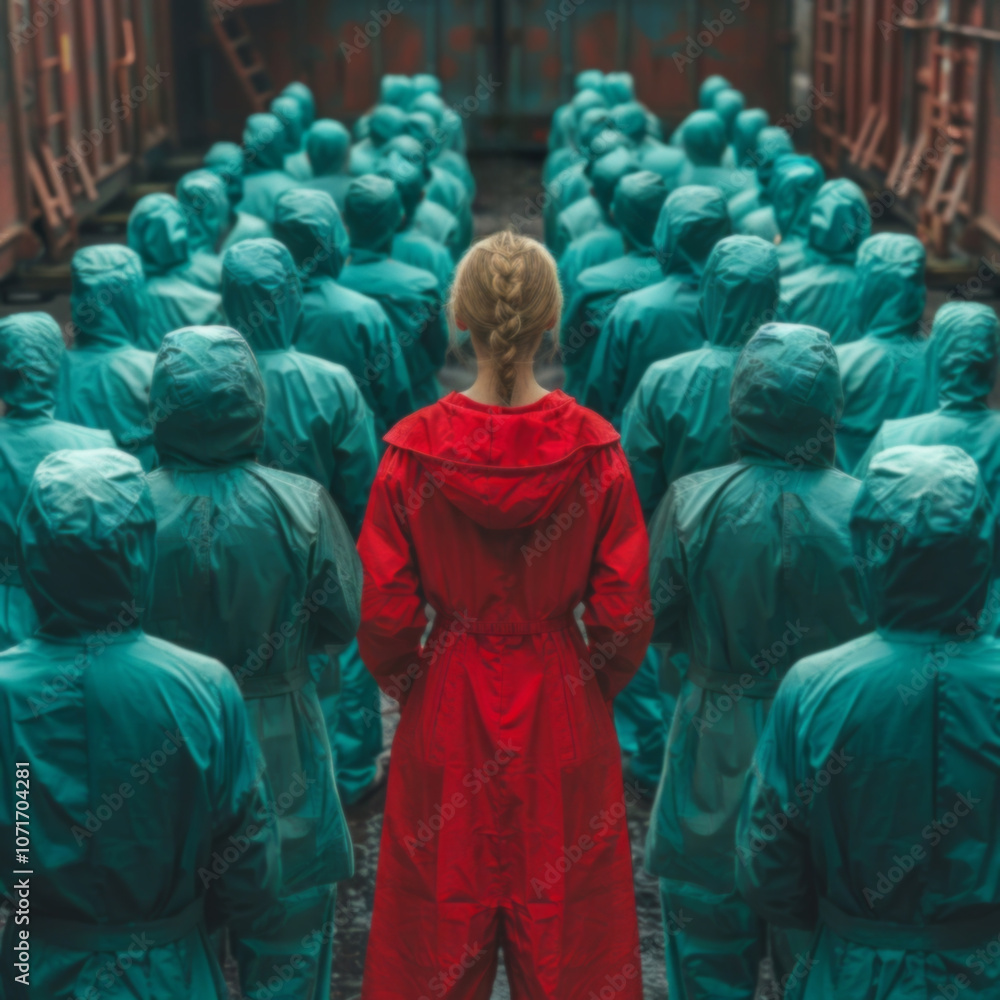 A woman in a red coat stands among a crowd of people wearing turquoise suits, viewed from above. A woman in a red coat stands among a crowd of people wearing turquoise suits, viewed from above.