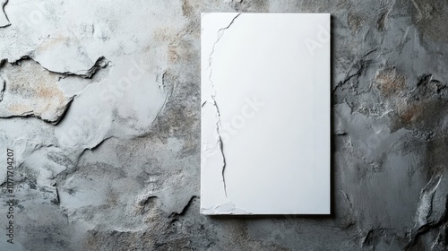 A vertically oriented cracked canvas is mounted on a rough and raw textured concrete wall, creating a striking contrast between smooth and rugged elements. photo