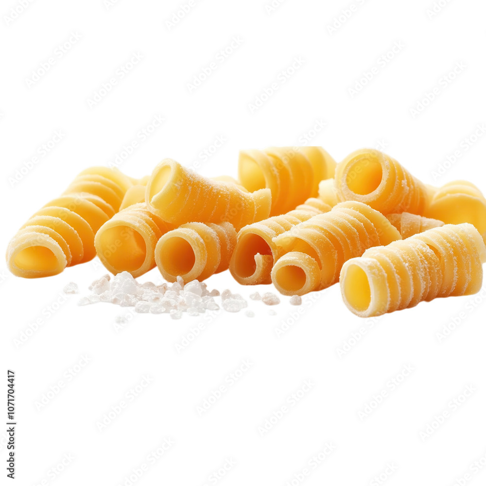 A pile of uncooked spiral pasta with coarse salt scattered around, showcasing its unique shape and texture. A pile of uncooked spiral pasta with coarse salt scattered around, showcasing its unique shape and texture.