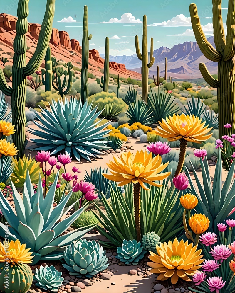 Obraz premium Lively Desert Scenery Featuring Cacti and Wildflowers. Striking Depiction of Dry Allure and Rough Landscape.
