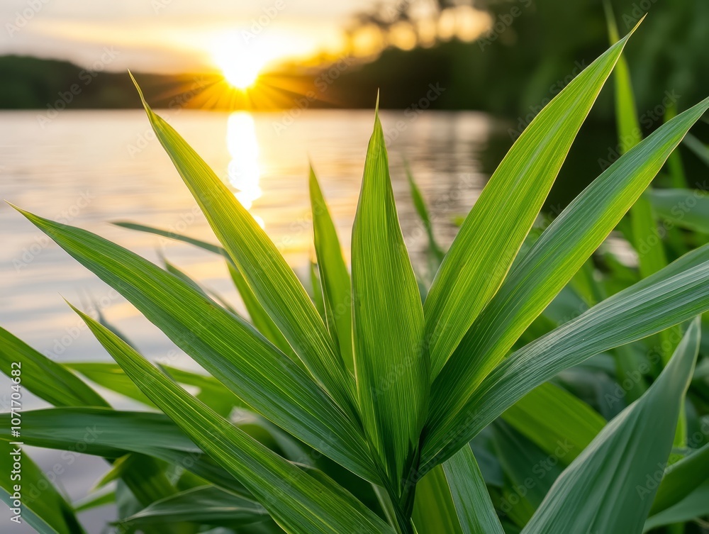 Fototapeta premium A close up of a plant with the sun setting in the background