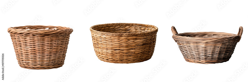 Obraz premium Set of Handwoven Rattan Baskets in Various Sizes and Shapes for Home Decor Storage and Organization Rustic Natural and Textured Wicker Containers