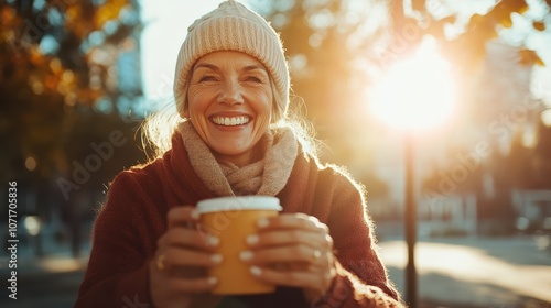 A cheerful woman in a warm hat and scarf smiling brightly while holding a coffee cup outdoors on a sunny autumn day, surrounded by colorful leaves and sunshine. photo