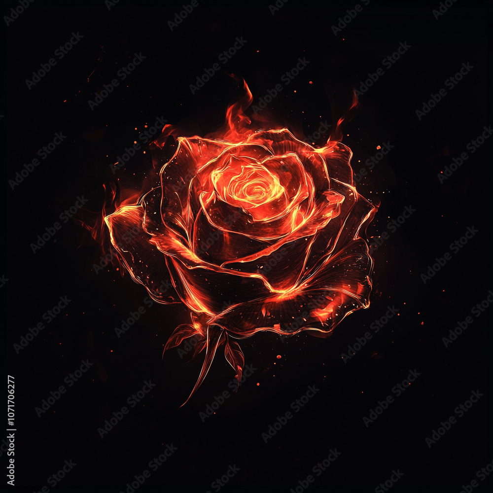 Rose, flaming fiery bright sticker isolated on black background Rose, flaming fiery bright sticker isolated on black background